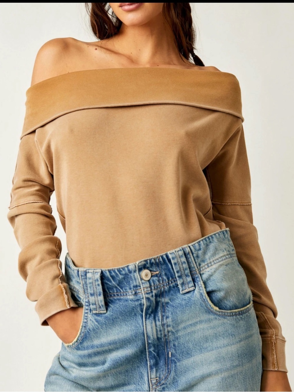 Free People Iced Coffee Long Sleeve Off the Shoulder Not The Same Tee Small